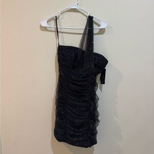 Black Glitter One-Shoulder Black Mesh Dress